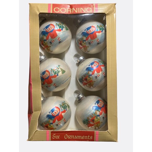 Vintage Corning Glass Works Christmas Ornaments Set Of 6 With  Winter Scenes - Picture 10 of 12